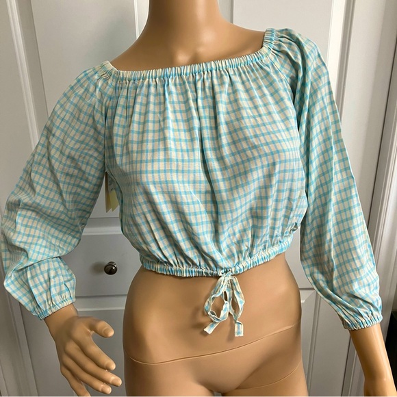 Wilfred Tops - NWT | Wilfred Aritzia | Blue & Offwhite plaid crop top with long sleeves